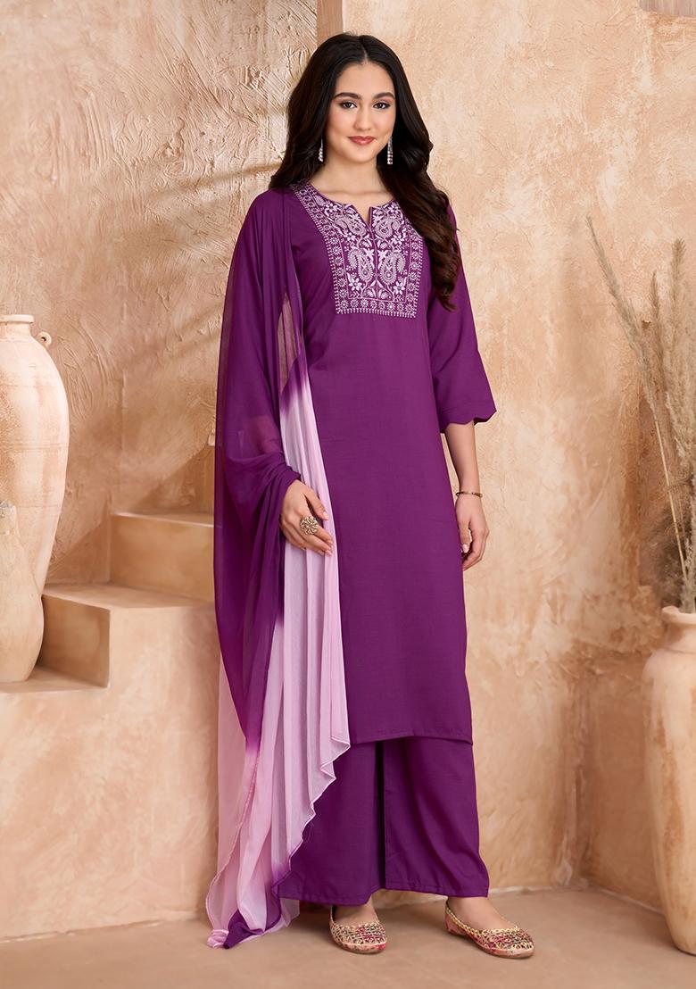 Purple Embroidered Silk Blend Salwar Kameez With Dupatta