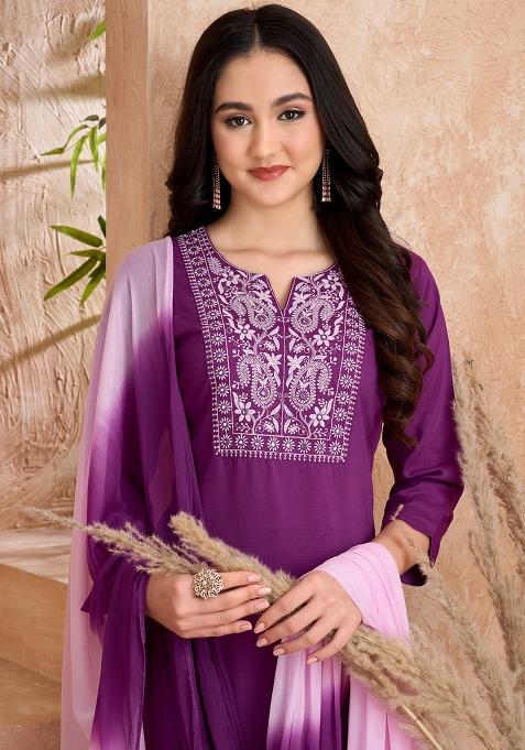 Purple Embroidered Silk Blend Salwar Kameez With Dupatta