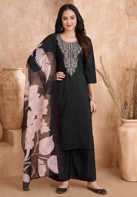 Black Embroidered Silk Blend Salwar Kameez With Dupatta