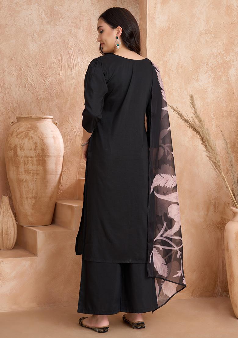 Black Embroidered Silk Blend Salwar Kameez With Dupatta - Indya