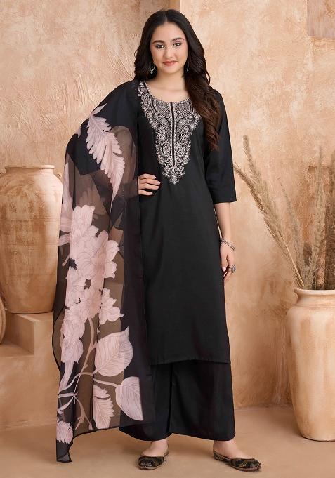 Black Embroidered Silk Blend Salwar Kameez With Dupatta