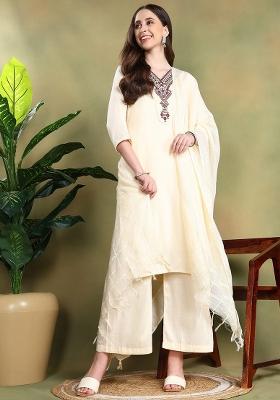 Cream Embroidered Silk Blend Salwar Kameez With Dupatta