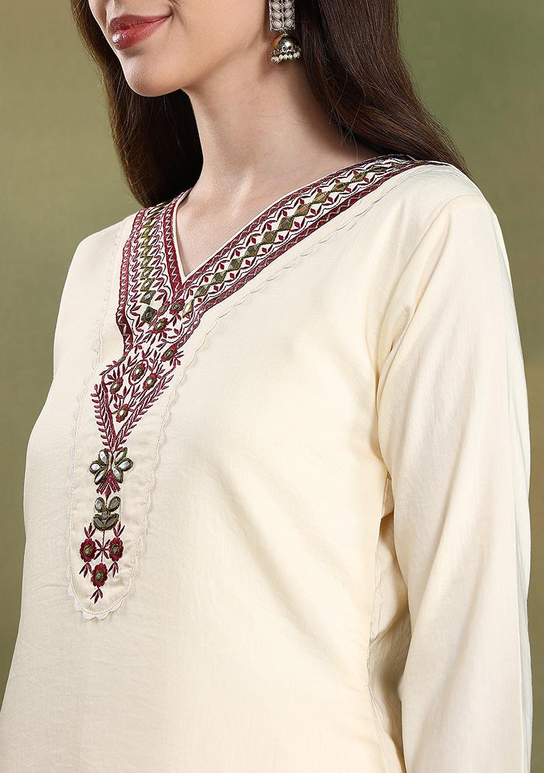 Cream Embroidered Silk Blend Salwar Kameez With Dupatta - Indya