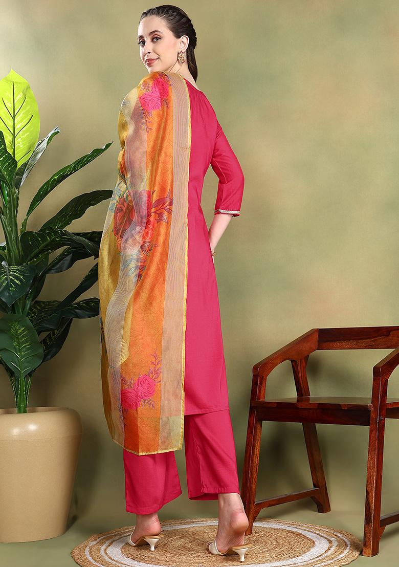 Pink Embroidered Silk Blend Salwar Kameez With Dupatta - Indya