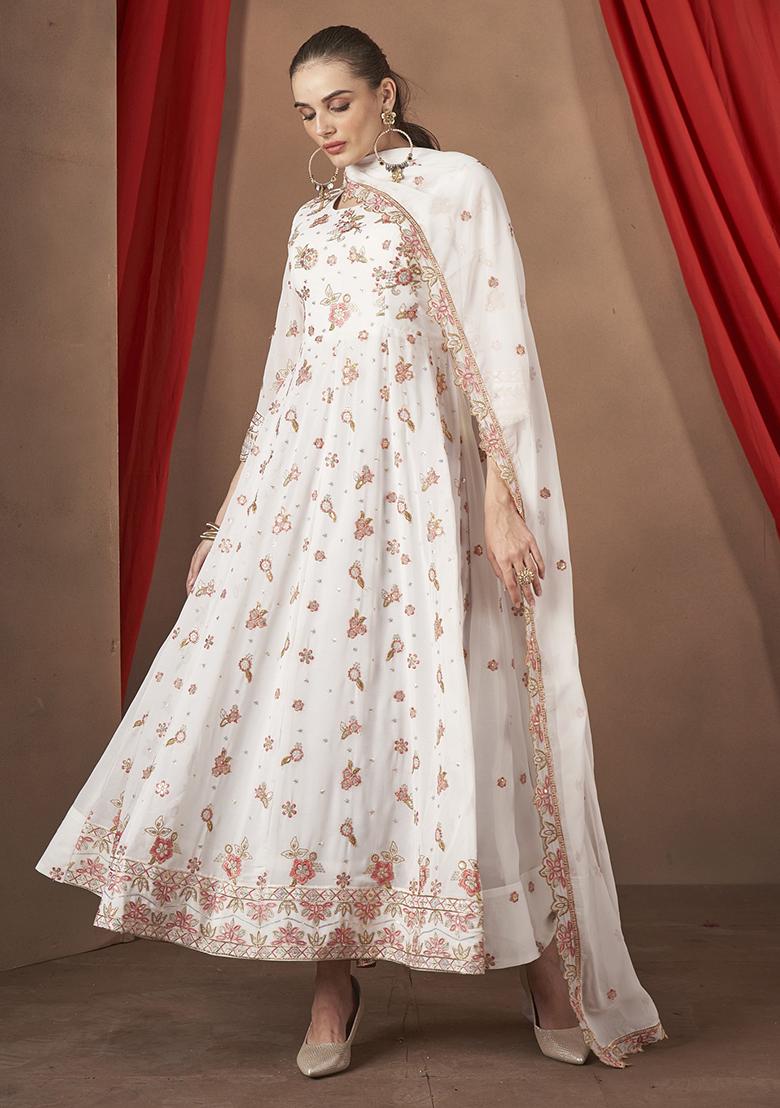 White Embroidered Georgette Anarkali Set - Indya