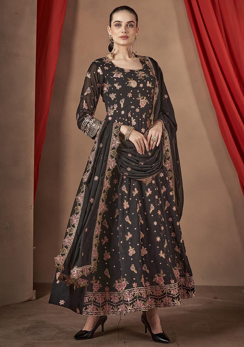Black Embroidered Georgette Anarkali Set - Indya