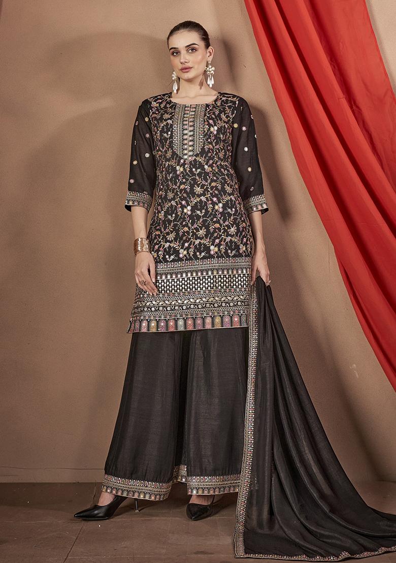 Black Embroidered Silk Plazzo Set - Indya