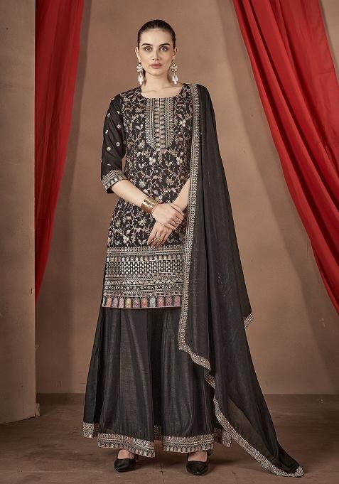 Black Embroidered Silk Plazzo Set
