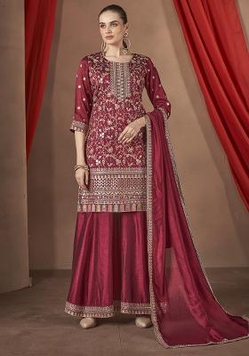 Maroon Embroidered Silk Plazzo Set