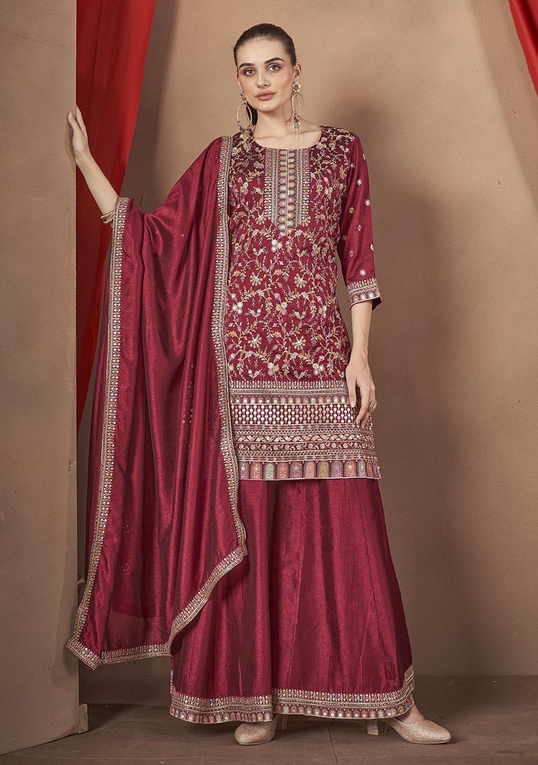Maroon Embroidered Silk Plazzo Set - Indya