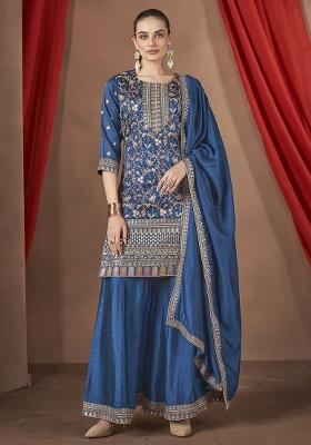 Teal Embroidered Silk Plazzo Set