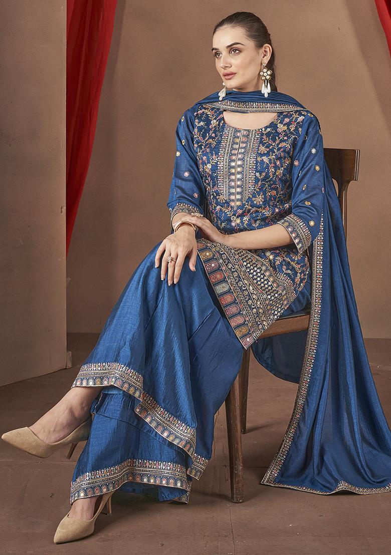 Teal Embroidered Silk Plazzo Set