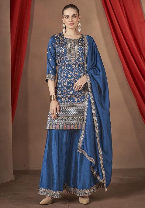 Teal Embroidered Silk Plazzo Set