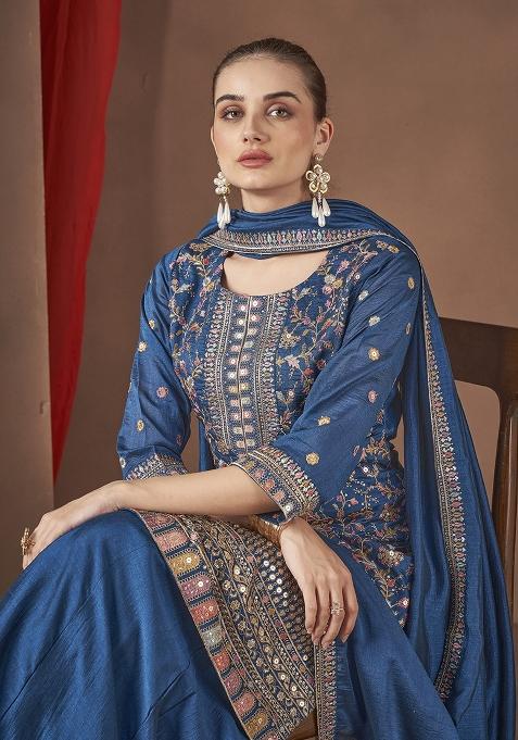 Teal Embroidered Silk Plazzo Set