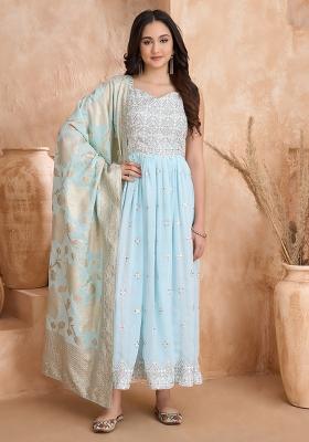 Sky Blue Embroidered Georgette Anarkali Set