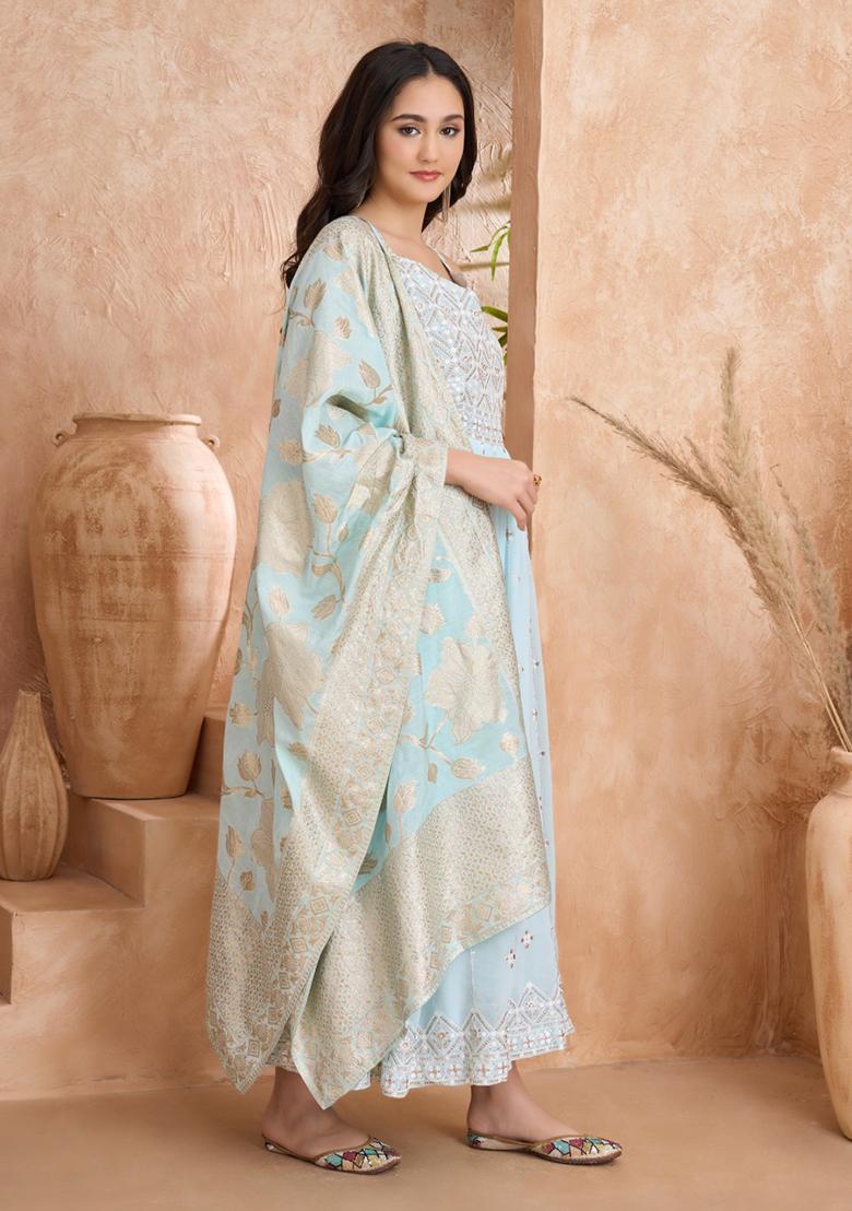 Sky Blue Embroidered Georgette Anarkali Set - Indya
