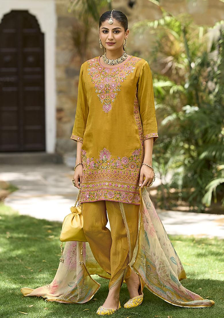 Yellow Embroidered Pure Shimmer Dhoti Suit Set