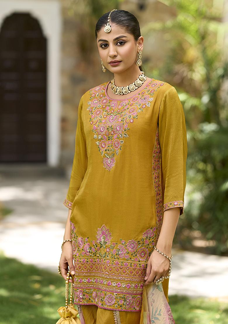 Yellow Embroidered Pure Shimmer Dhoti Suit Set
