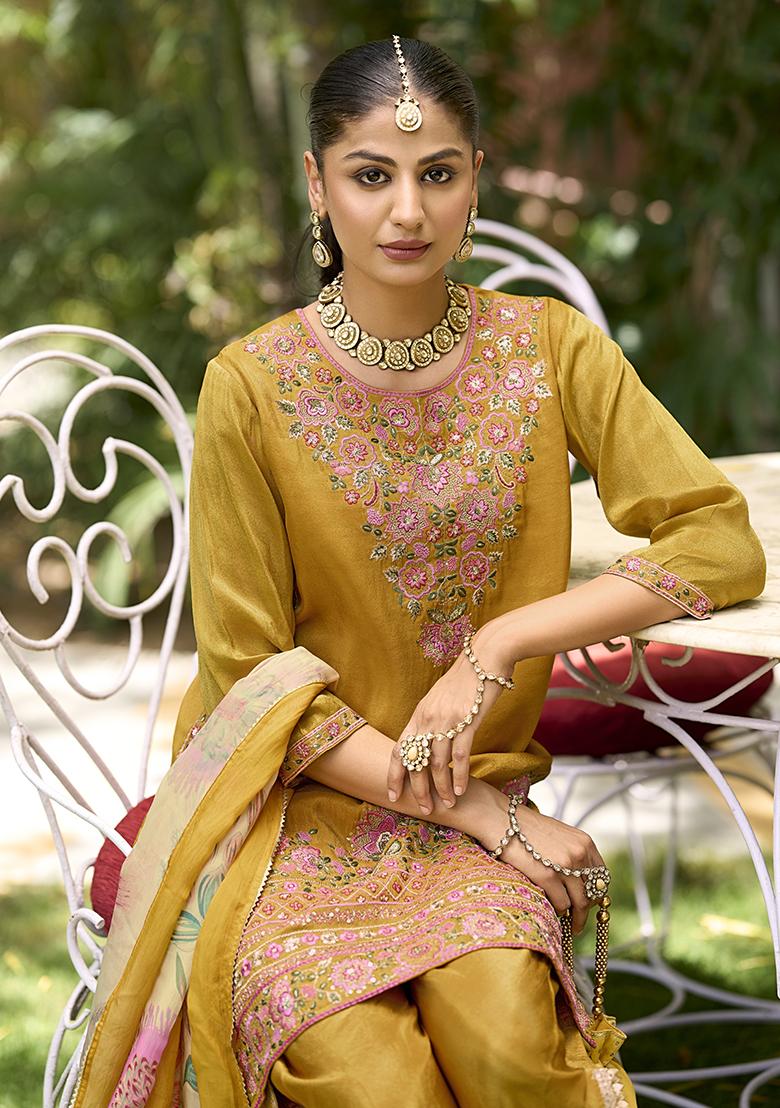 Yellow Embroidered Pure Shimmer Dhoti Suit Set