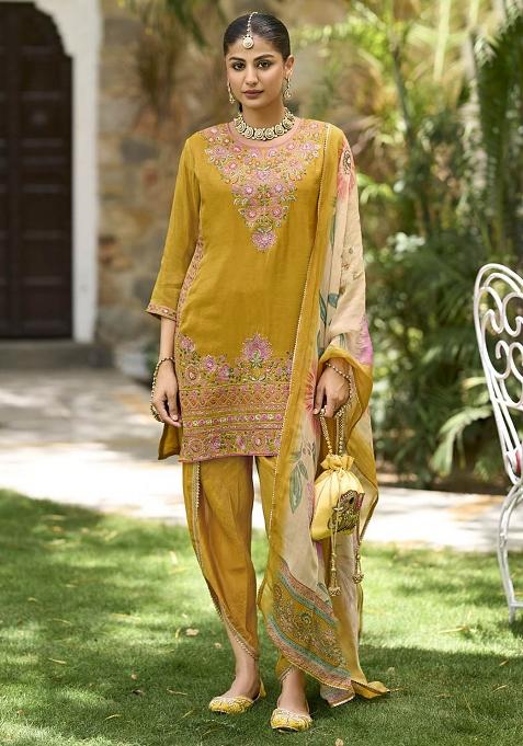 Yellow Embroidered Pure Shimmer Dhoti Suit Set