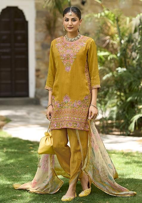 Yellow Embroidered Pure Shimmer Dhoti Suit Set