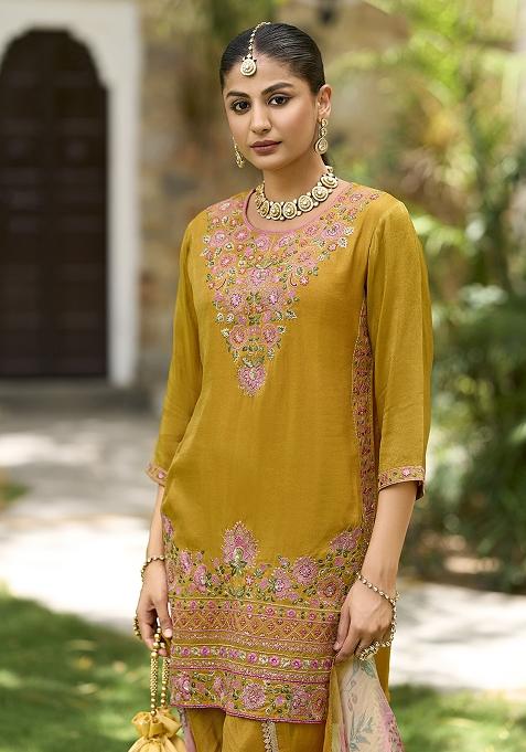 Yellow Embroidered Pure Shimmer Dhoti Suit Set