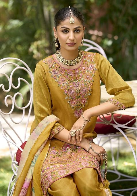Yellow Embroidered Pure Shimmer Dhoti Suit Set