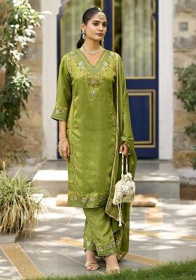 Green Embroidered Pure Shimmer Salwar Kameez With Dupatta