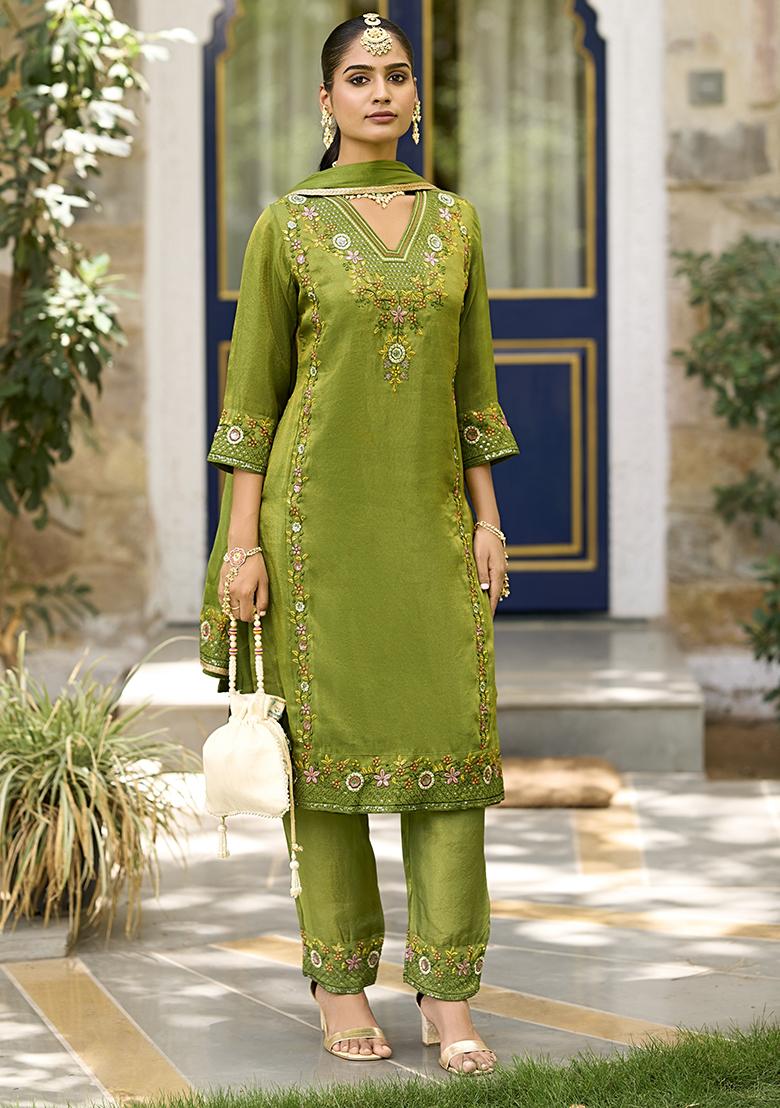 Green Embroidered Pure Shimmer Salwar Kameez With Dupatta - Indya