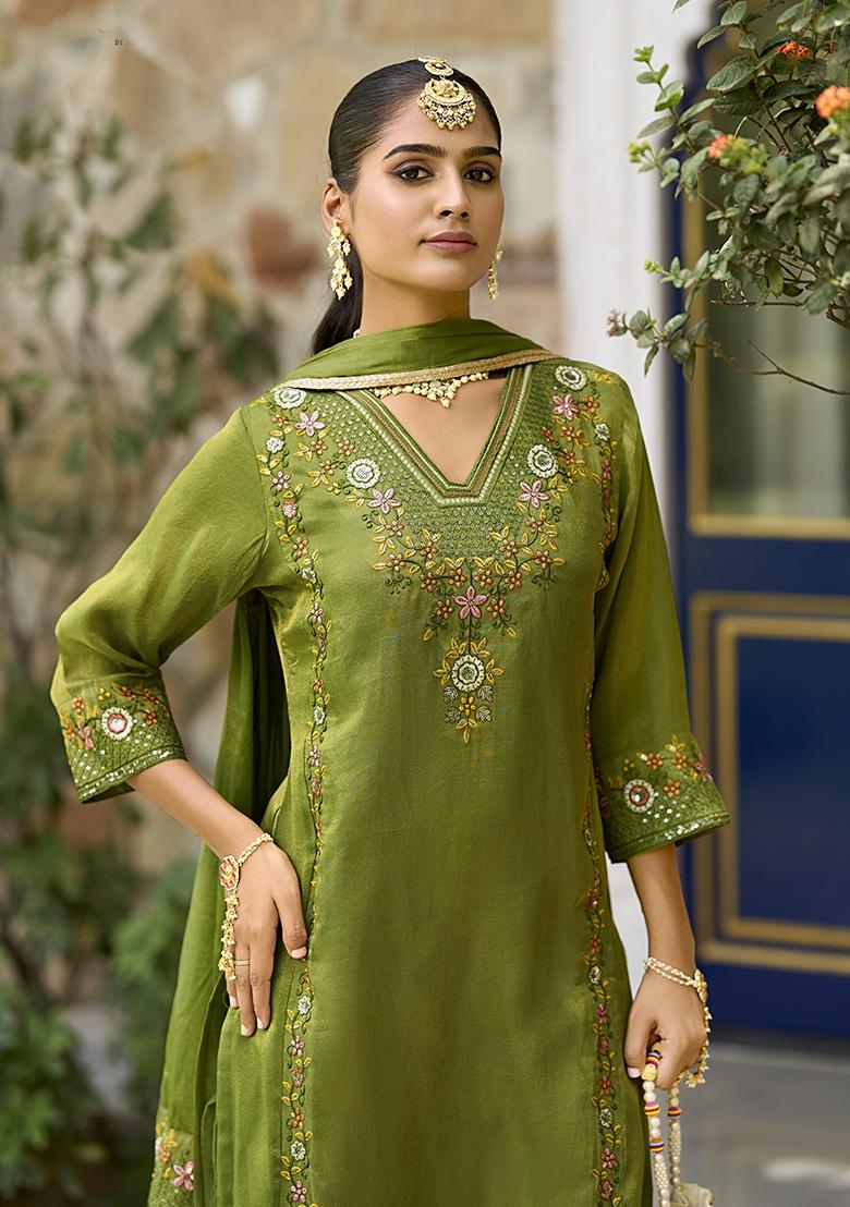 Green Embroidered Pure Shimmer Salwar Kameez With Dupatta - Indya