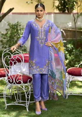 Blue Embroidered Pure Shimmer Salwar Kameez With Dupatta