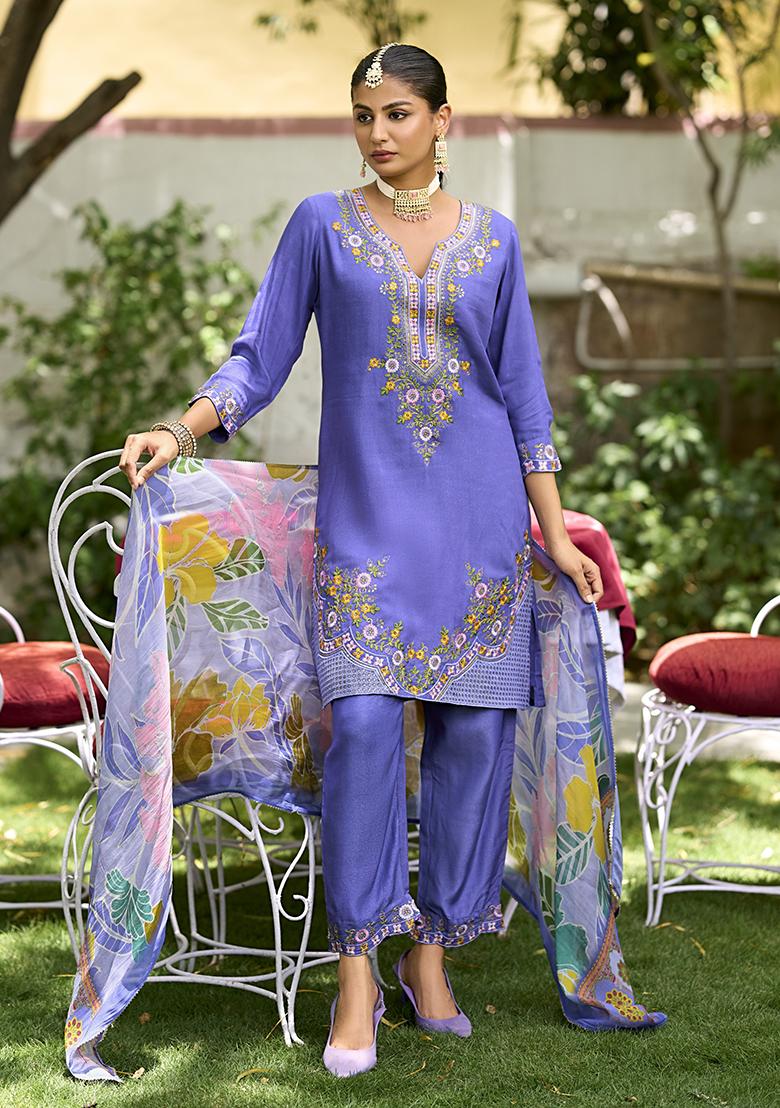 Blue Embroidered Pure Shimmer Salwar Kameez With Dupatta - Indya