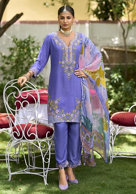 Blue Embroidered Shimmer Straight Kurta Set