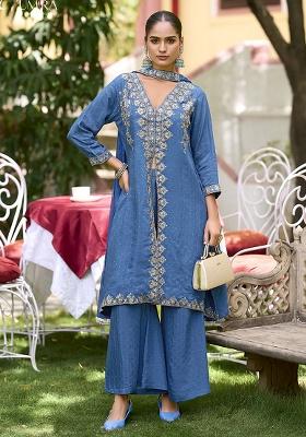 Blue Embroidered Pure Silk Salwar Kameez With Dupatta