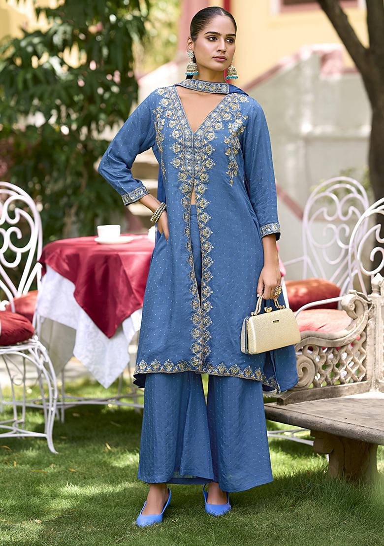 Blue Embroidered Pure Silk Salwar Kameez With Dupatta - Indya
