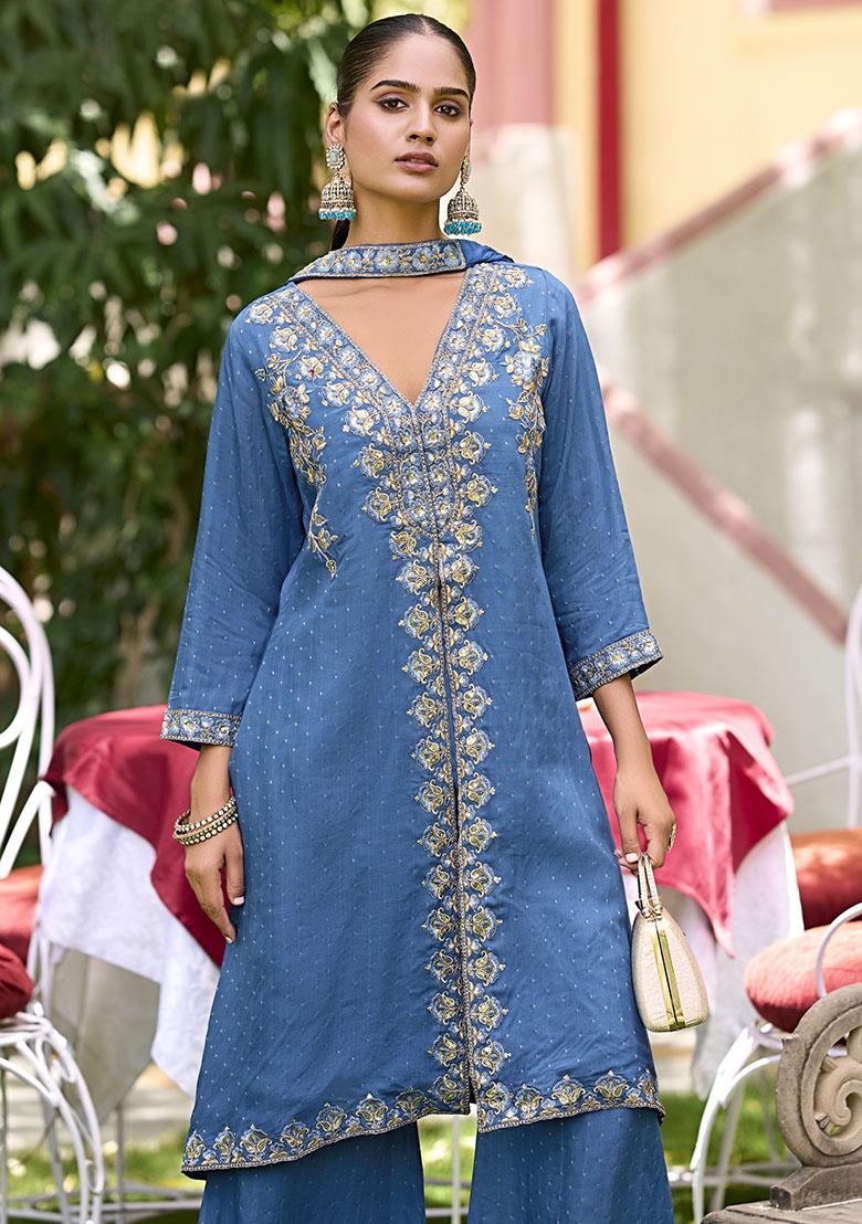 Blue Embroidered Pure Silk Salwar Kameez With Dupatta - Indya