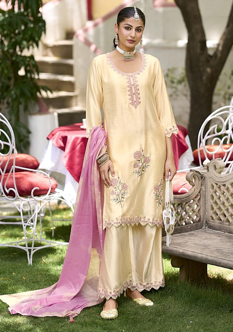Cream Embroidered Pure Silk Plazzo Set - Indya