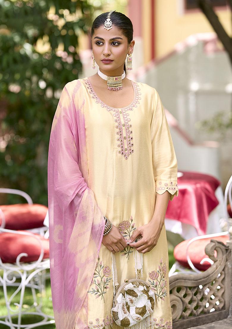 Cream Embroidered Pure Silk Plazzo Set - Indya