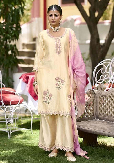 Cream Embroidered Pure Silk Plazzo Set
