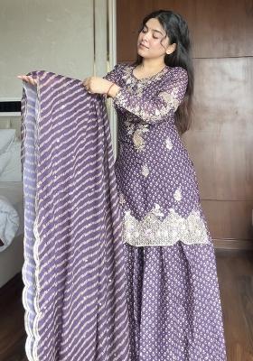 Lavender Embroidered Chinon Kurta Set