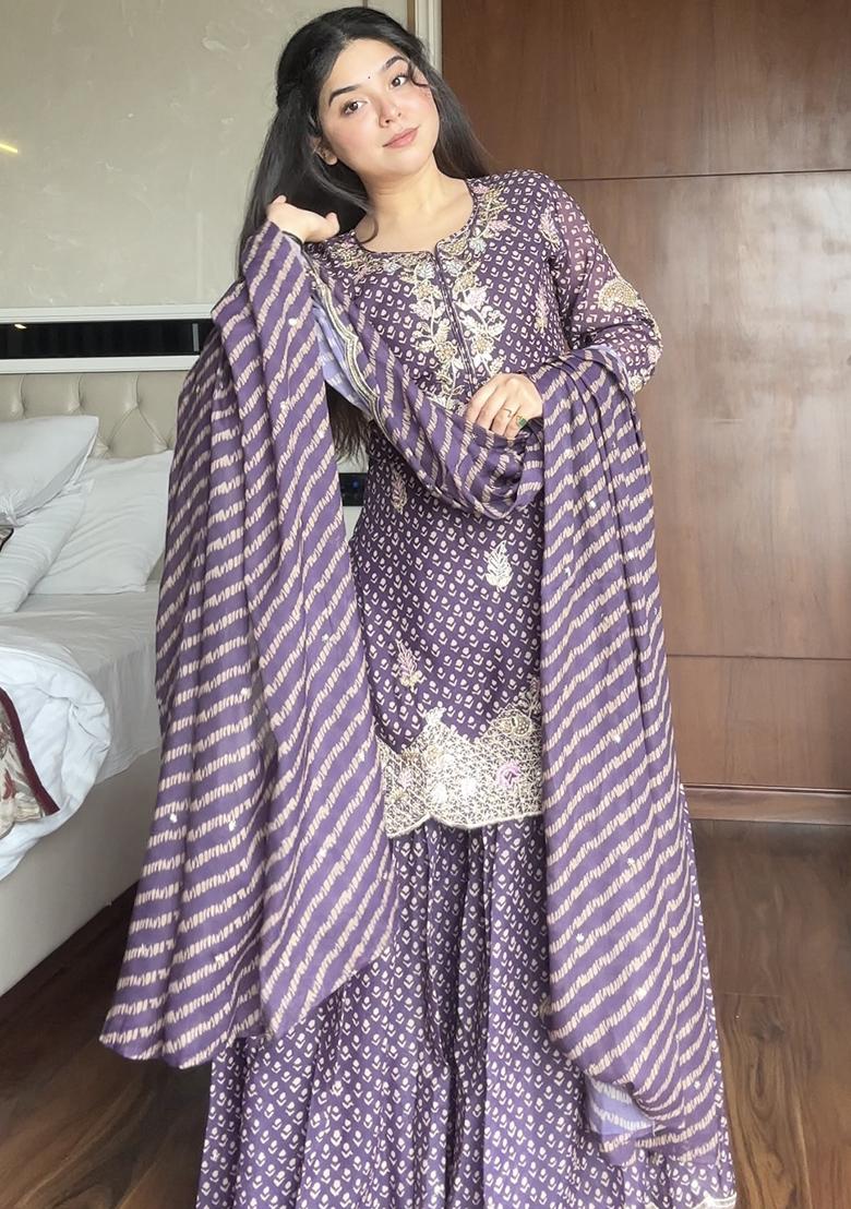 Lavender Embroidered Chinon Kurta Set - Indya