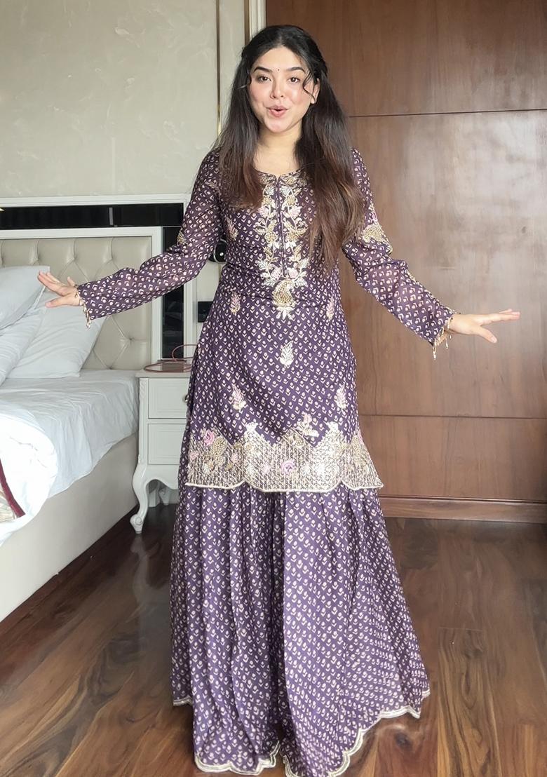 Lavender Embroidered Chinon Kurta Set - Indya