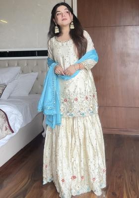 Off White Embroidered Chinon Kurta Set