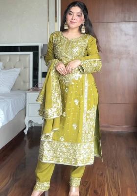 Perrot Green Embroidered Chinon Kurta Set