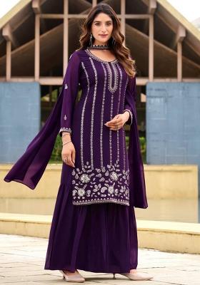 Purple Embroidered Georgette Kurta Set