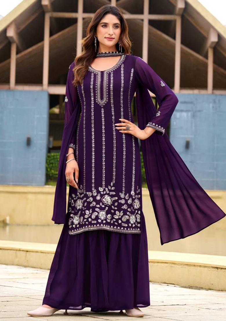 Purple Embroidered Georgette Kurta Set - Indya