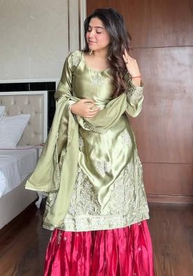 Pista Embroidered Moss Satin Kurta Set