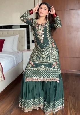 Green Embroidered Georgette Kurta Set