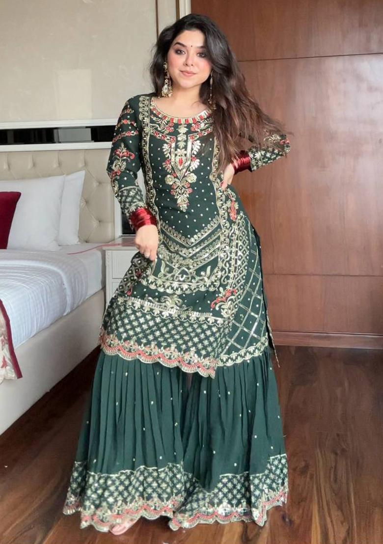 Green Embroidered Georgette Kurta Set - Indya