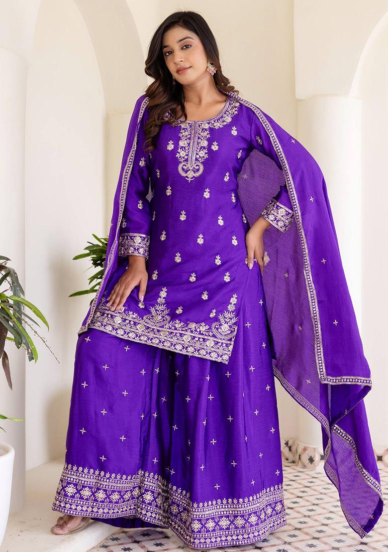 Violet Embroidered Georgette Kurta Set - Indya
